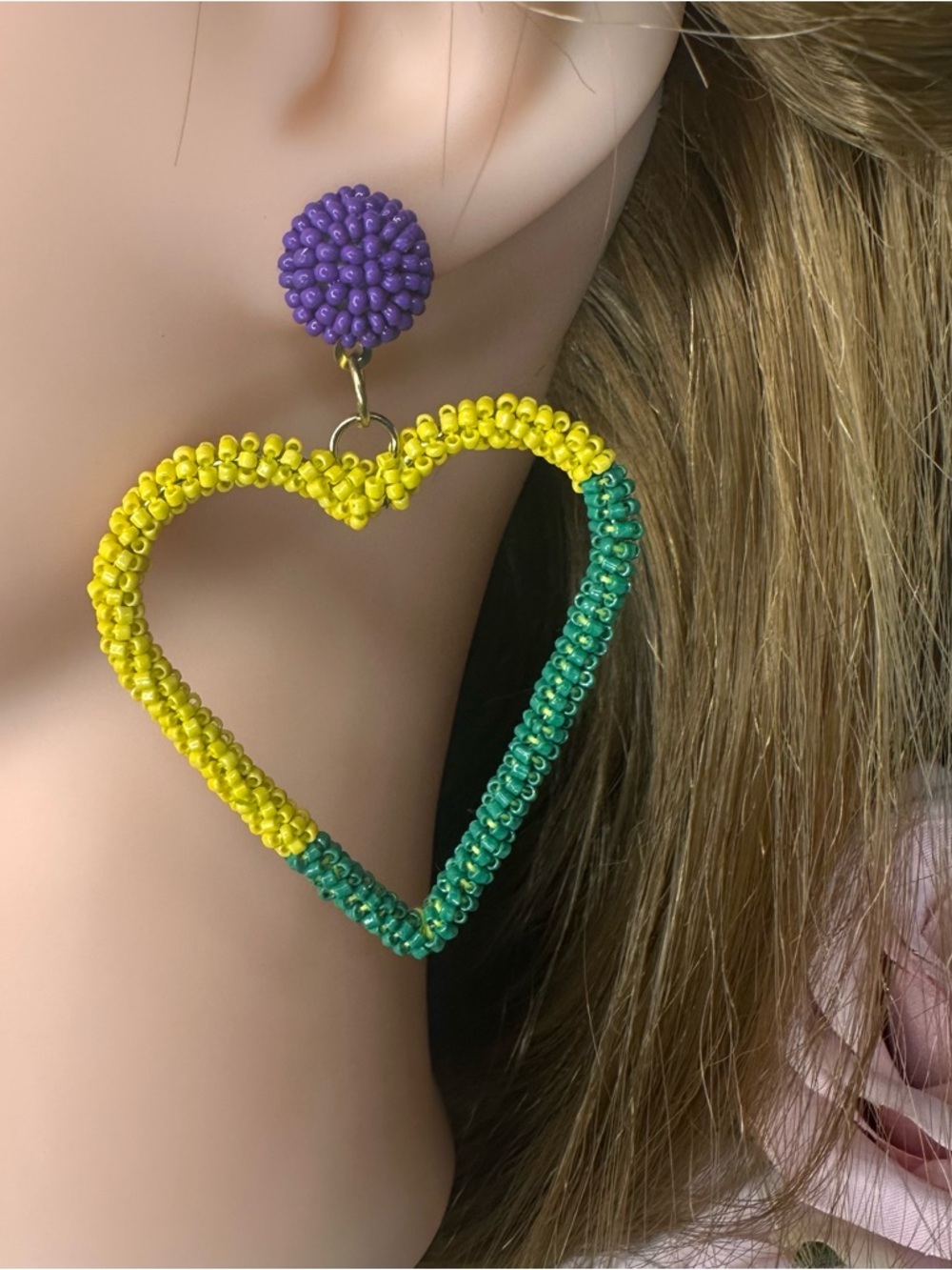 Mardi Gras Heart Drop Beaded Earrings Seed Bead New
